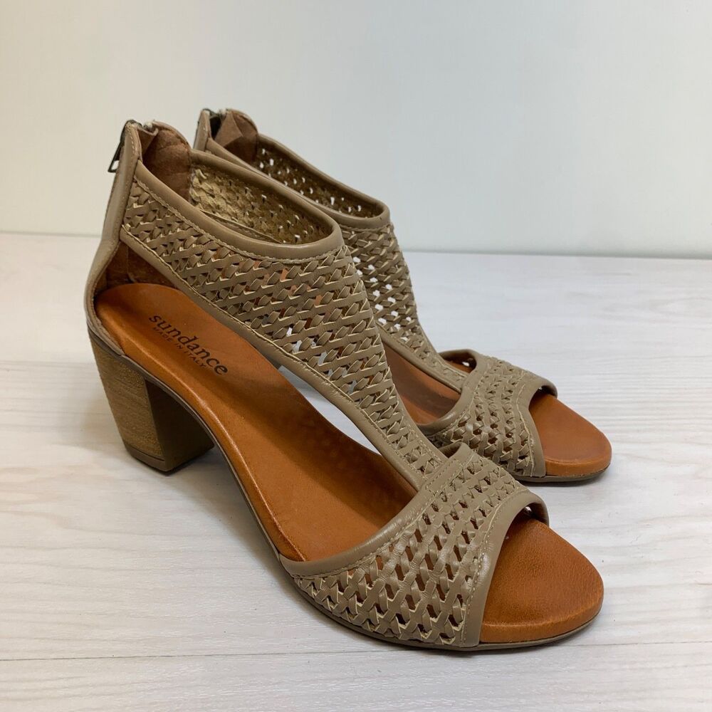 Sundance Demeter Hillside Woven Leather Heeled‎ Sandals Taupe Women's 12/42